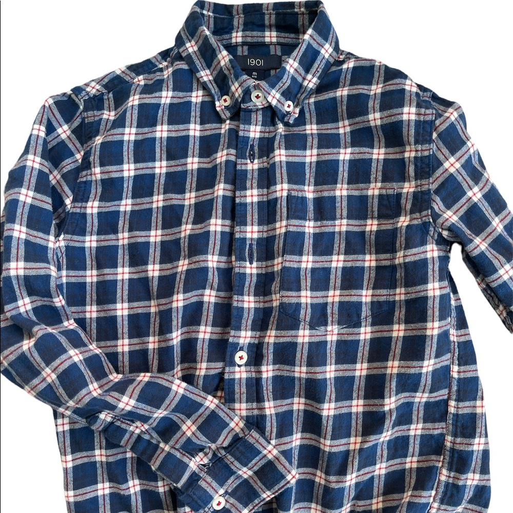 Boys navy plaid flannel shirt, medium.